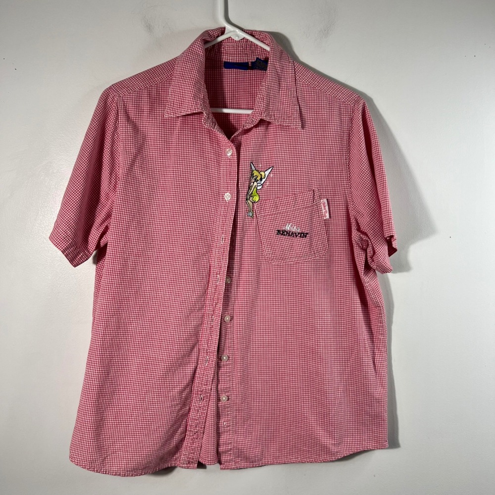 Vintage Disney Tinker‎ Bell Miss Behavin Gingham Button Shirt 14/16W Red White